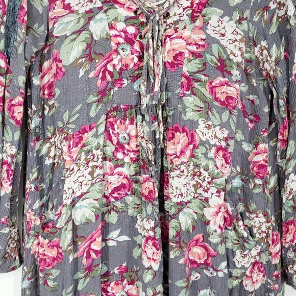 Umgee Gray and Pink Floral Long Sleeve Tunic Dress Small - Picture 5 of 12